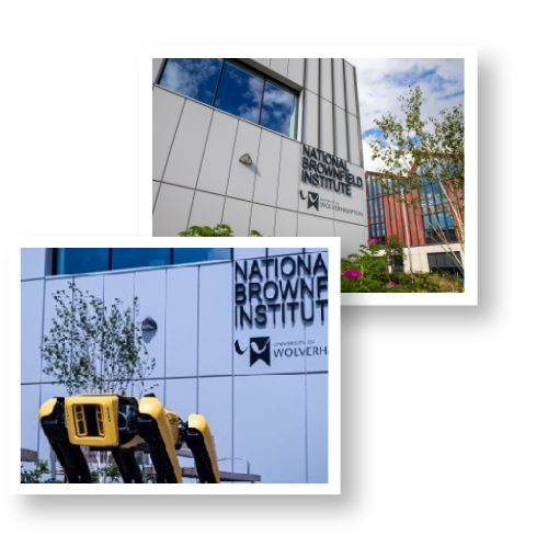 two photos of the outside of the National Brownfield Institute - a grey building with National Brownfield Institute engraved on the outside. One image fatures a robot dog 
